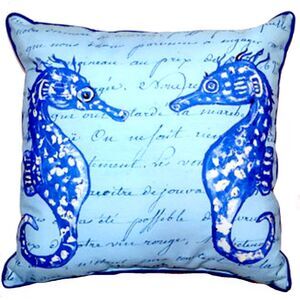 Blue Seahorses with Script Accent Throw Pillow Indoor Outdoor 18 X 18 Inches